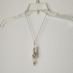 Boho Pendant Charm Necklace Gold Tone Chain Pink Rhinestones Beads and Tassel